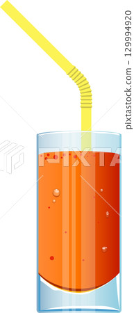 Vibrant orange juice is served in a glass cup with a yellow drinking straw. A refreshing treat. 129994920
