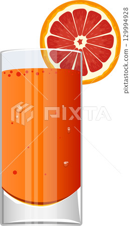 Refreshing drink with a slice of citrus fruit perched on the rim of a cool glass of juice. 129994928
