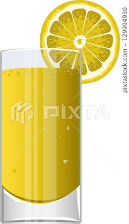 Refreshing citrus beverage in a clear glass with a lemon slice garnish, sparkling bubbles. 129994930