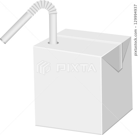 A plain white juice box with a white flexible straw inserted, angled to the left of the package. 129994937