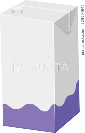 An illustration of a closed carton of a drink. The carton is white with a purple base design. An illustration of a closed carton of a drink. The carton is white with a purple base design. 129994942