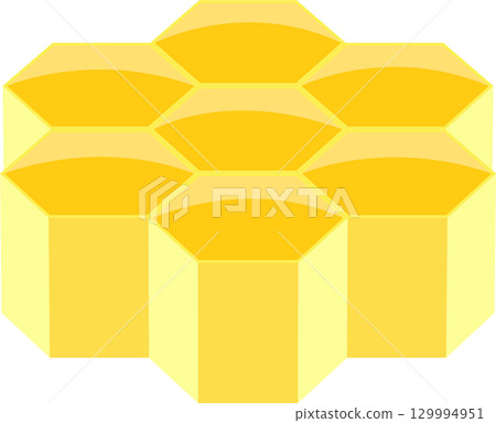 A stack of bright yellow honeycomb cells arranged in a geometrical pattern, reflecting light. 129994951
