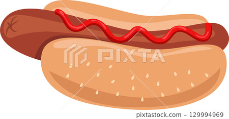 Cartoon illustration of a hotdog with ketchup on a bun with small white details on the side. 129994969
