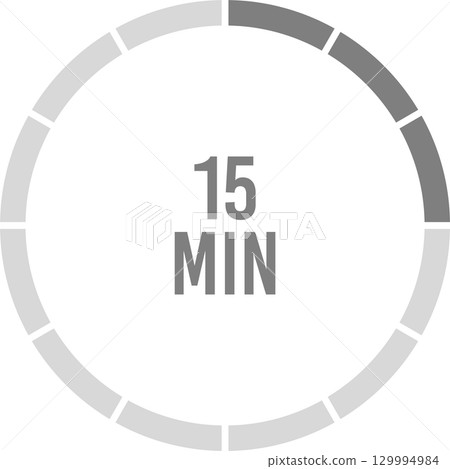 Circular timer indicating a period of fifteen minutes, shown with segmented circle and text display. 129994984