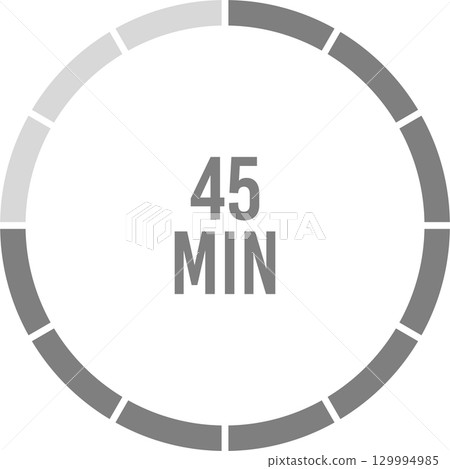 45 Minute Timer: Visual representation of a 45-minute countdown with grey wheel segments. 45 Minute Timer: Visual representation of a 45-minute countdown with grey wheel segments. 129994985