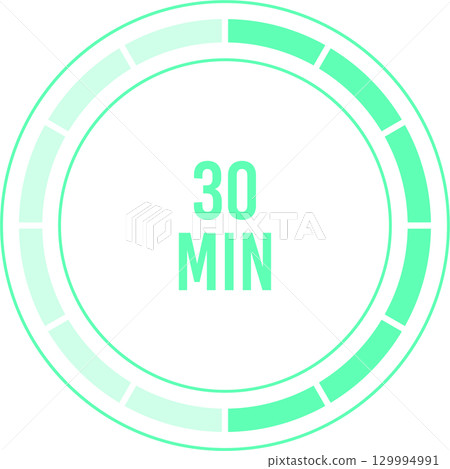 Digital illustration displaying time duration with "30 MIN" at center, and green, circular timer. 129994991