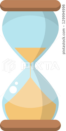 Stylized hourglass with light blue glass, brown base, and tan sand against a black background 129994996