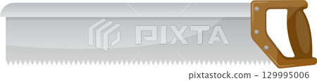 Illustration of a carpenter hand saw with a gray blade, dark brown handle, and metal rivets. Illustration of a carpenter hand saw with a gray blade, dark brown handle, and metal rivets. 129995006