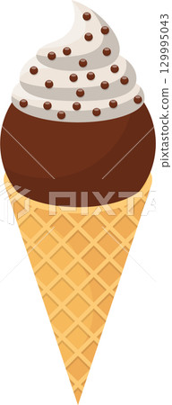 Illustration of a chocolate scoop ice cream cone with whipped cream and chocolate sprinkles. 129995043