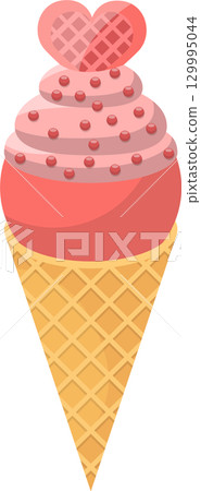 Cartoon ice cream cone with swirls of pink, red sprinkles, and a heart-shaped waffle decoration. Cartoon ice cream cone with swirls of pink, red sprinkles, and a heart-shaped waffle decoration. 129995044