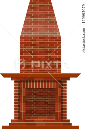 A tall brick fireplace with a mantel sits against a dark backdrop, simple design and no fire. 129995079