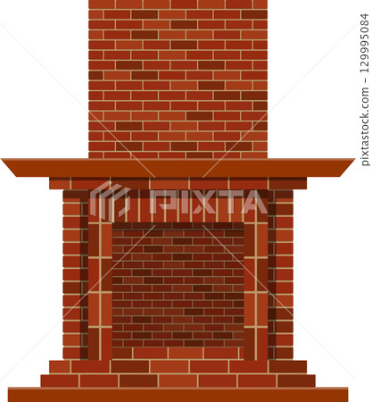 Detailed brick fireplace with a mantel and brickwork with varying color tones and patterns. 129995084