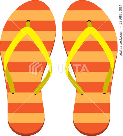 A pair of striped orange flip-flops with yellow straps, perfect for summer days and beach vacations. A pair of striped orange flip-flops with yellow straps, perfect for summer days and beach vacations. 129995094