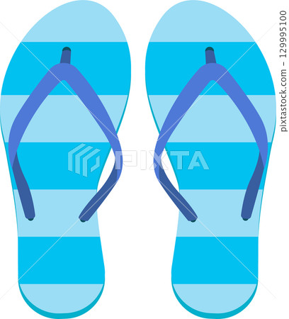 A pair of blue striped flip-flops, a common summer footwear choice for beaches and pools. 129995100