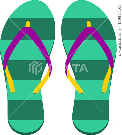 Pair of green, striped flip-flops with yellow and purple straps, perfect for beach or casual wear. Pair of green, striped flip-flops with yellow and purple straps, perfect for beach or casual wear. 129995102