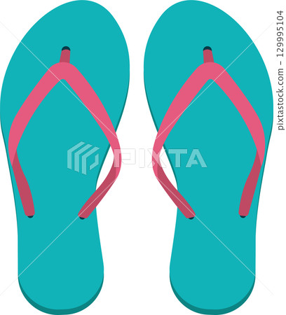 Summer footwear: a pair of bright blue flip-flops with pink straps for a beach holiday vibe. 129995104