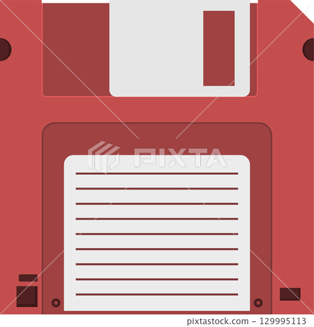 A retro illustration of a red floppy disk, a vintage data storage device with a label area. A retro illustration of a red floppy disk, a vintage data storage device with a label area. 129995113