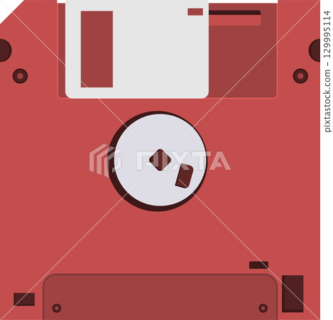 A flat, minimalist illustration of a pink 3.5" floppy disk with various details and features. A flat, minimalist illustration of a pink 3.5" floppy disk with various details and features. 129995114