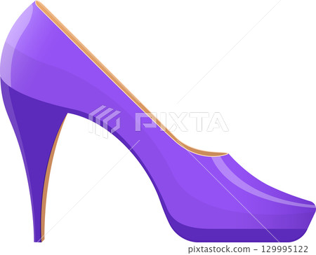 Elegant purple high-heeled shoe against a black background with a tan trim detail on the shoe. Elegant purple high-heeled shoe against a black background with a tan trim detail on the shoe. 129995122