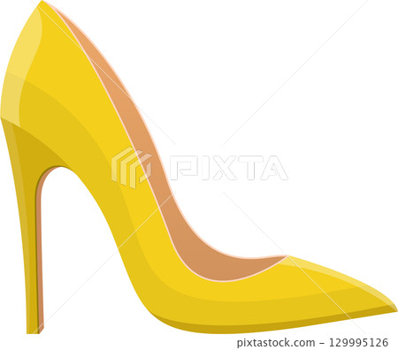 Elegant yellow stiletto: A single, high-heeled shoe poised against a dark backdrop showcasing style. Elegant yellow stiletto: A single, high-heeled shoe poised against a dark backdrop showcasing style. 129995126
