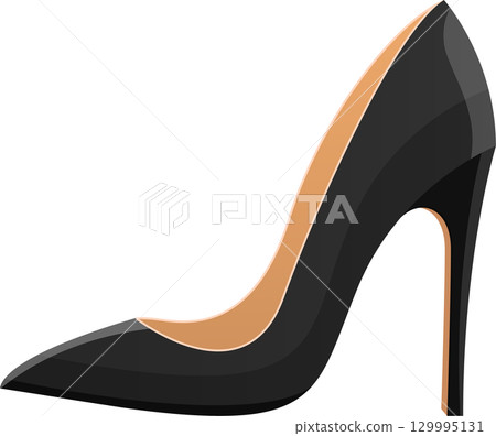 Elegant black high heel shoe with a sharp pointed toe and tan interior against a black background. Elegant black high heel shoe with a sharp pointed toe and tan interior against a black background. 129995131