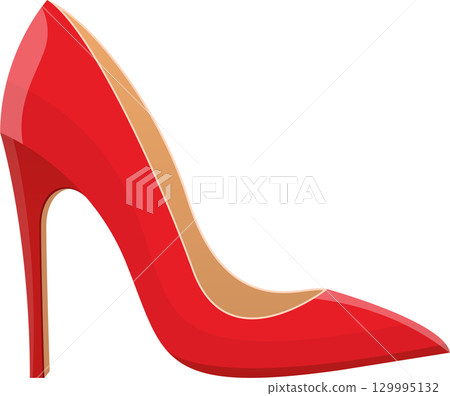 Vibrant red high heel shoe with pointed toe, elegant footwear for sophisticated fashion statements. 129995132