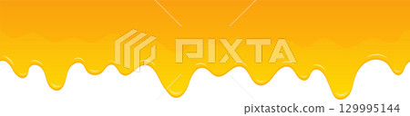 Golden viscous liquid drips downwards, creating a textured pattern against a dark background. 129995144