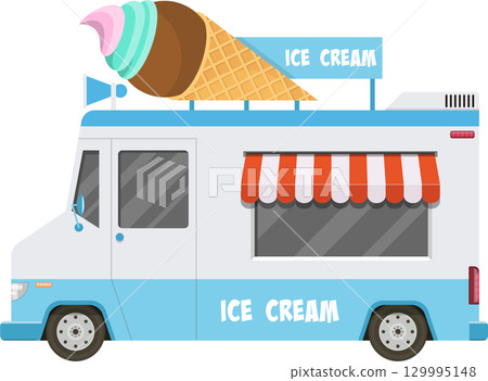 Cartoon illustration of an ice cream truck with giant ice cream cone on top. Summertime fun! 129995148