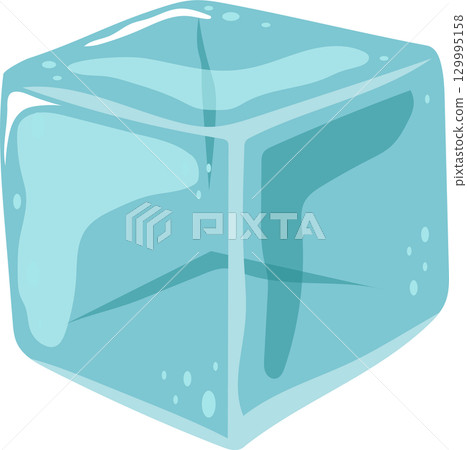 A single translucent light blue ice cube with rounded edges sits on a black background. 129995158