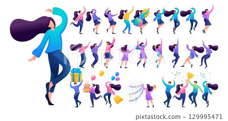 Set of a fun teen girl. Presentation in various in various poses and actions. 2D Flat character vector illustration N7 Set of a fun teen girl. Presentation in various in various poses and actions. 2D Flat character vector illustration N7 129995471