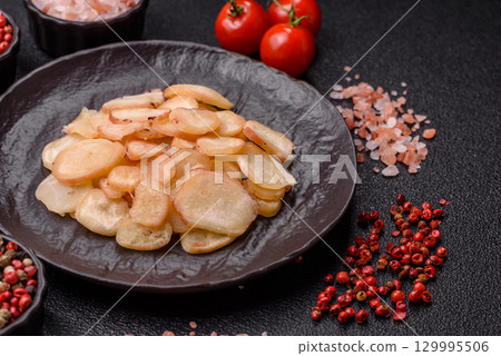 Food, dried squid in shavings or chopped as snacks or jerky. Snack dried squid for beer 129995506