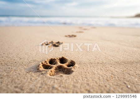 Cat paw print on the sand on the beach 129995546
