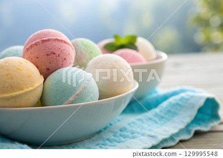 Colorful bathbombs skincare mockup 129995548