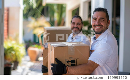 Two delivery men smiling, carrying boxes outside building Two delivery men smiling, carrying boxes outside building 129995550