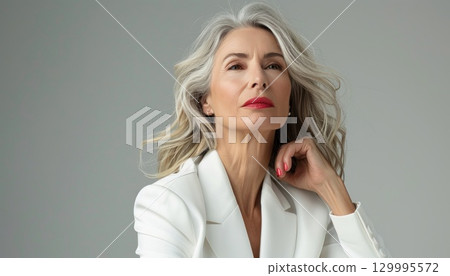 Grayhaired woman in white jacket, red lipstick, smiling 129995572