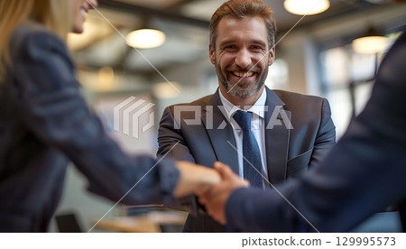 Man in a suit and tie shares a smile and gesture with a woman at a formal event Man in a suit and tie shares a smile and gesture with a woman at a formal event 129995573