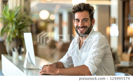 a man is sitting at a desk in front of a computer and smiling 129995574