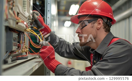 Engineer in hard hat and safety glasses working on electrical box Engineer in hard hat and safety glasses working on electrical box 129995576