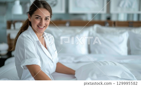 a woman in a white robe is sitting on a bed making a bed a woman in a white robe is sitting on a bed making a bed 129995582