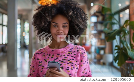 a woman with curly hair is holding a cell phone in her hand 129995600