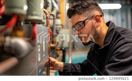 A man with glasses is engineering a machine in a factory building A man with glasses is engineering a machine in a factory building 129995621