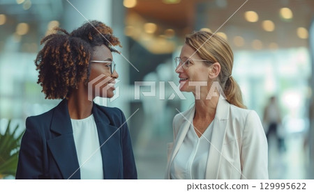 Two business women in formal wear sharing a fun and happy moment in the office 129995622