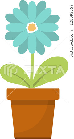 A digital illustration of a light blue daisy in a brown pot with green leaves, on black. A digital illustration of a light blue daisy in a brown pot with green leaves, on black. 129995655