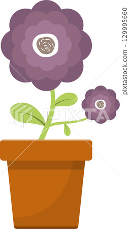 Cartoon-styled plant in a pot with green stem and leaves and purple flowers on a black backdrop 129995660