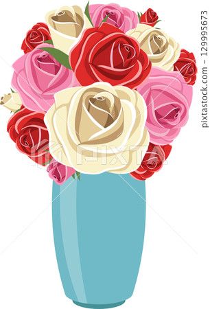 Roses in shades of pink, red, and cream are arranged in a simple blue vase against black backdrop. 129995673