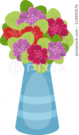 A blue vase featuring purple, red and pink flowers with green leaves, an artistic illustration. A blue vase featuring purple, red and pink flowers with green leaves, an artistic illustration. 129995676