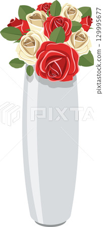 A beautiful array of white and red roses are displayed in a grey colored vase on a black background. A beautiful array of white and red roses are displayed in a grey colored vase on a black background. 129995677
