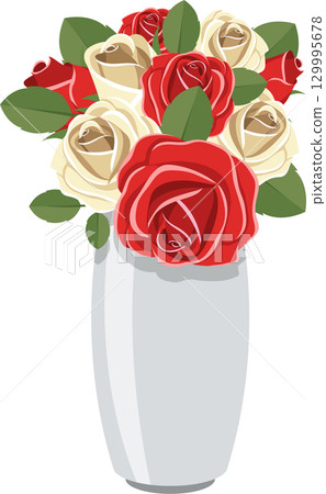 Elegant floral arrangement featuring red and white roses in a light grey vase, conveying romance. 129995678