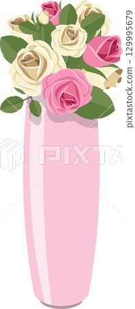 Pink vase with roses and green leaves in an illustration on a solid black background. Pink vase with roses and green leaves in an illustration on a solid black background. 129995679