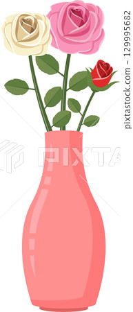 A light pink vase filled with three rose stems that bear white, pink, and red blooms. A light pink vase filled with three rose stems that bear white, pink, and red blooms. 129995682
